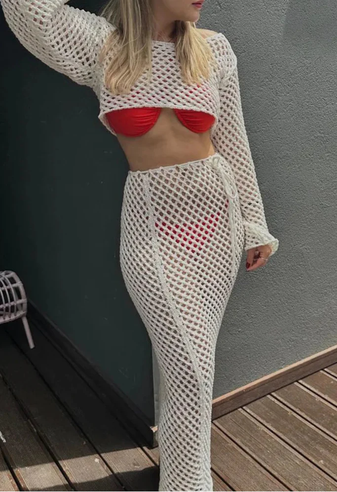 Conjunto en Crochet Calado con Manga Larga y Falda Larga Ref: 0348