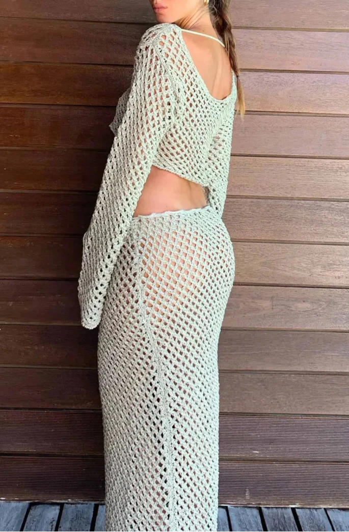Conjunto en Crochet Calado con Manga Larga y Falda Larga Ref: 0348