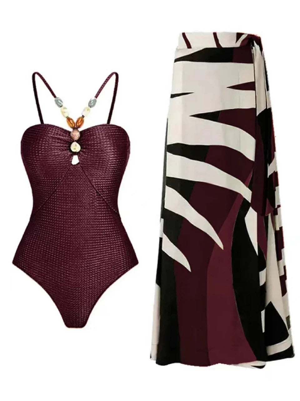 Conjunto con Traje de Baño Completo Texturizado y Falda Estampada Ref: 0345