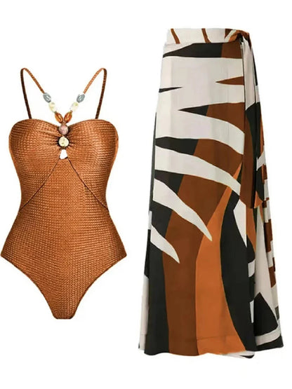 Conjunto con Traje de Baño Completo Texturizado y Falda Estampada Ref: 0345