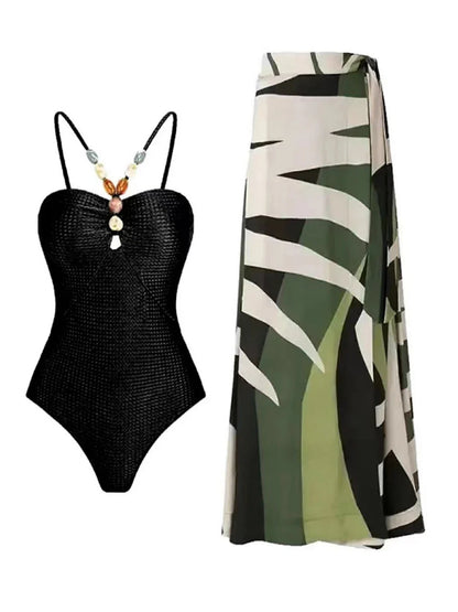 Conjunto con Traje de Baño Completo Texturizado y Falda Estampada Ref: 0345
