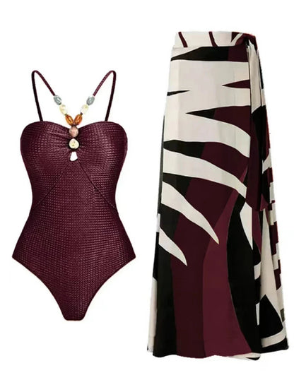 Conjunto con Traje de Baño Completo Texturizado y Falda Estampada Ref: 0345