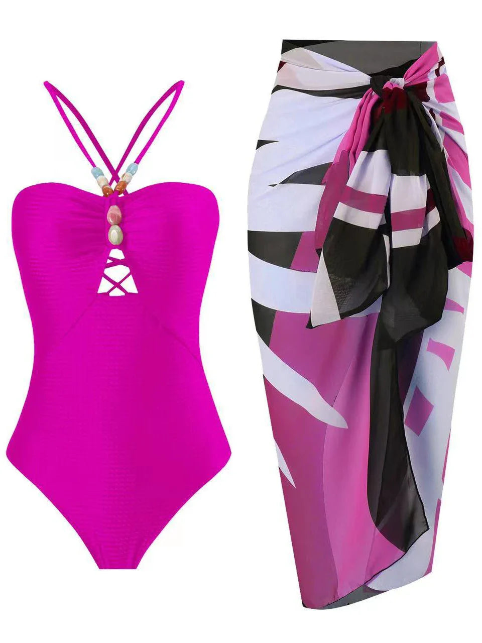 Conjunto con Traje de Baño Completo Texturizado y Falda Estampada Ref: 0345