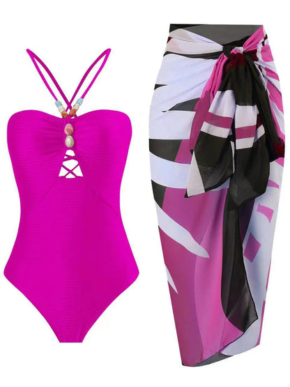 Conjunto con Traje de Baño Completo Texturizado y Falda Estampada Ref: 0345